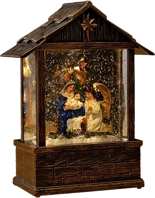 DEMDACO Distressed White Nativity Snow Globe Lantern - LED, Plays Silent Night, 10.5x6.25 Inches
