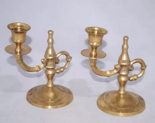 2x Vintage Solid Brass Candle Holders with Handle Candlesticks Pair Antique Rare