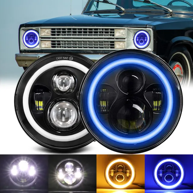 2PCS 7" inch Round Led Headlight High-Low Halo Blue Beam for Ford Courier F-150