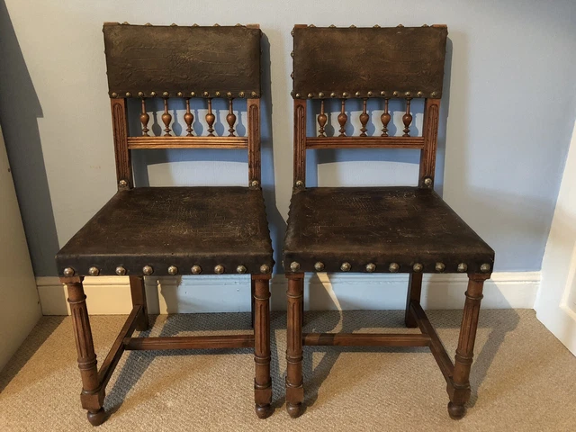 Pair of Vintage Oak & Leather Hall Chairs Dining Chair with Brass Studs