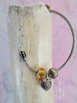 Silver Tone Cuff Bracelet Charm Love Heart Slide Faith Faceted Yellow Bead