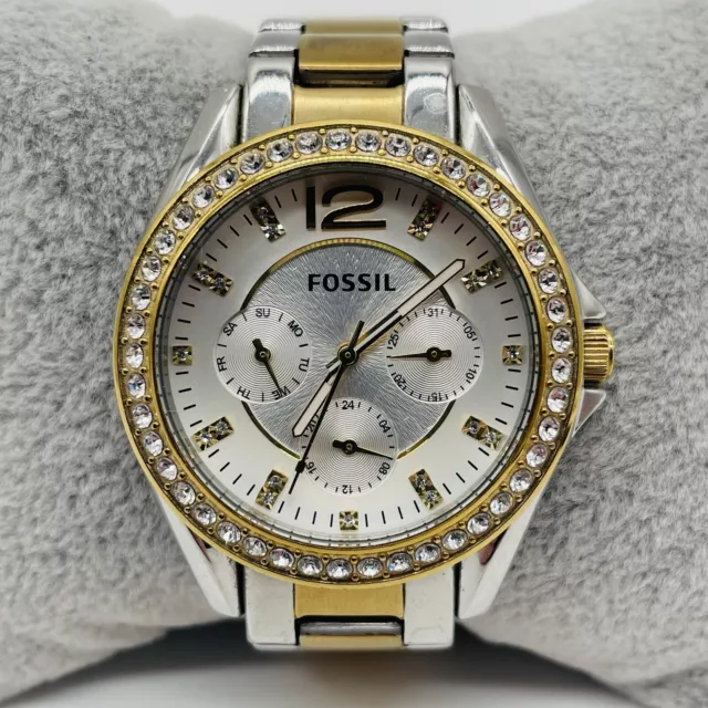 Fossil Riley Watch Women Chronograph Two tone Pave ES3204 38mm New Battery
