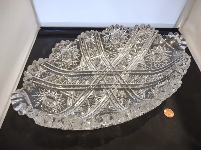 Large Vintage 14 1/2" Heavy Brilliant Cut Crystal Oval Oblong Sawtooth Bowl Dish
