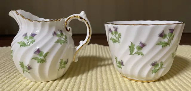 Vintage Aynsley Bone China Purple Thistles Sugar Bowl And Creamer Set Stunning