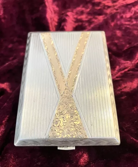 900Silber Etui, Zigarettenetui, Dose, 14 kt. Goldeinlagen, Wien um 1925, 128 gr.