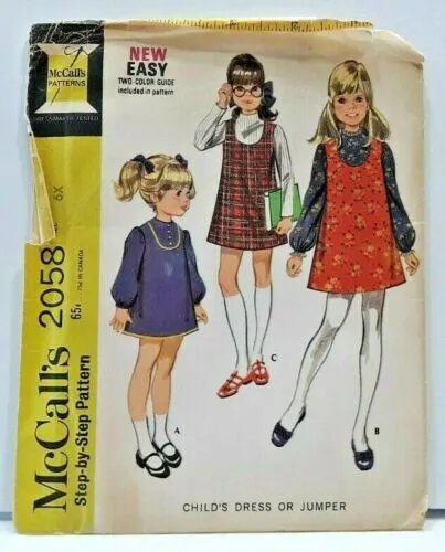 1969 McCalls Sewing Pattern 2058 Girls Dress Jumper 3 Styles Size 6x Vintag 5670