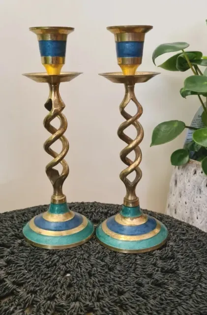 Solid Brass Swirl Candlestick Holders x2*Enamelled*India*Matching Pair
