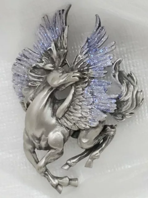 Vintage JJ Signed Mythical Pegasus Horse Blue Glittery Accent Pewter Brooch Pin 3