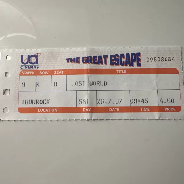 Vintage Jurassic Park LOST WORLD  Original UCI Cinemas Ticket Stub 1997 UK