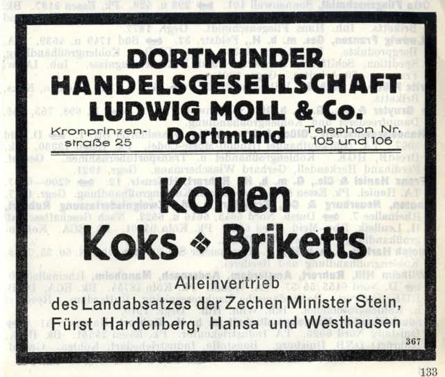 Ludwig Moll & Co. Dortmund KOHLEN KOKS BRIKETTS Historische Reklame 1925