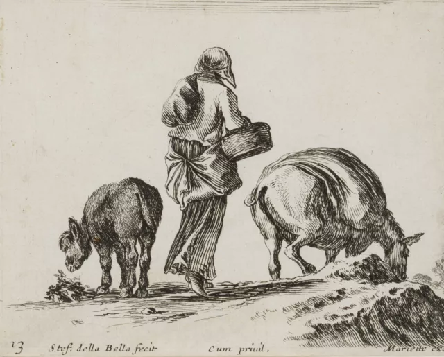 After BELLA (*1610), in the countryside. Maid with donkeys, wheel. Baroque Landscape