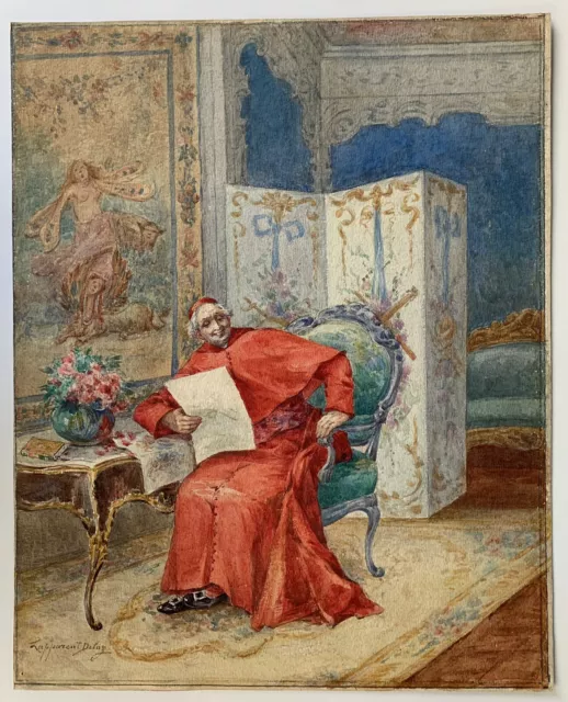 Aquarelle Ancienne Portrait Cardinal Interieur Moine fleurs Lapparent Delaz XIXe
