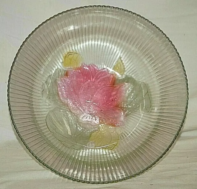 Ribbed Clear Glass Bowl Frosted Color Floral Design Table Centerpiece Vntage MCM