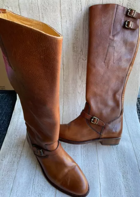 Frye Dorado COGNAC Leather Tall Riding Boots Womens Sz 8 ~ZIP~ Buckle~ Spain