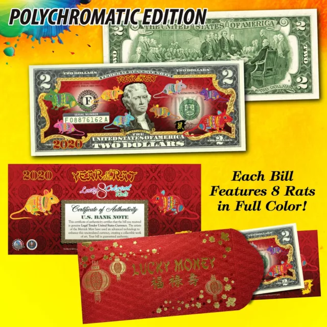 2020 CNY Lunar Chinese New YEAR OF THE RAT Polychromatic 8 Rats $2 U.S. Bill RED