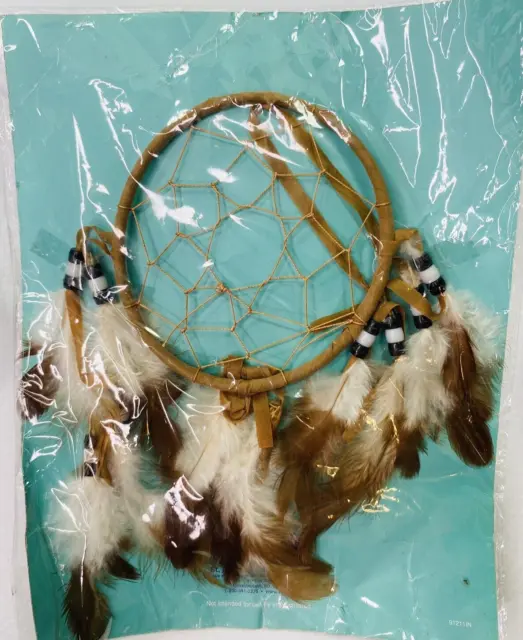 NIP Brown White Feather Black Bead Dreamcatcher Lakota Sioux