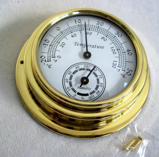Kleines, leichtes Hygro-/Thermometer in Bullaugenform aus Messing- 10 cm
