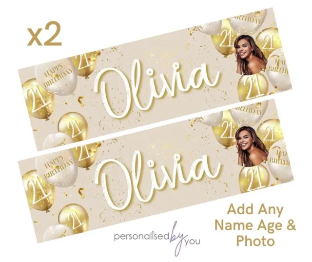 2x Personalised Photo Birthday Banners Gold Beige Large 16th 18th 21st 30th 40th