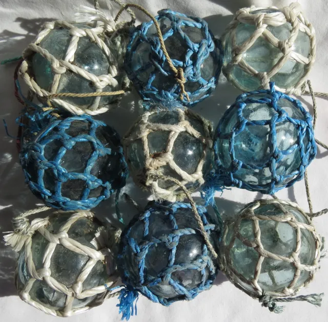 JAPANESE GLASS FISHING FLOATS 3 Netted LOT-9 Blue White Buoy Authentic  Vintage! $109.96 - PicClick