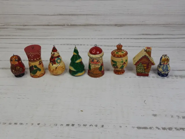Lot of 8 Hand Carved Hand Painted Russian Wood Christmas Ornaments Santa Snowman