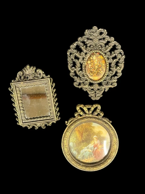 3 Vtg Miniature Brass Gold Metal Ornate Victorian Picture Photo Frames Italy