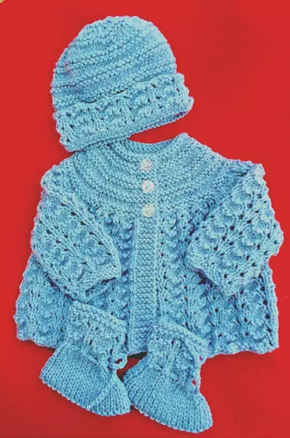Hand knitted Baby Matinee coat, Hat  & bootees set - Newborn/Reborn