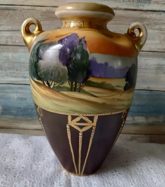 Antique Matte Nippon Moriage Morimura 2 Handle Vase Gold Hand Painted Landscape