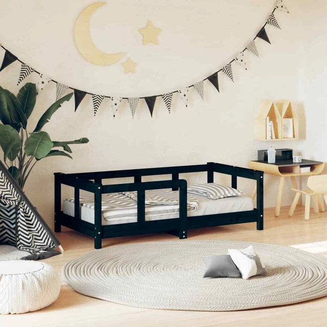 Giroletto per Bambini Nero 70x140 cm in Legno Massello di Pino vidaXL