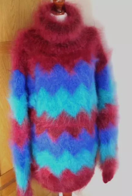 Fabulously fluffy long haired mohair hand knitted rainbow turtleneck sweater L 3