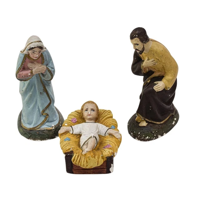 Crèche ancienne Devineau, 19 santons en plâtre peint – hauteur 10 cm - France