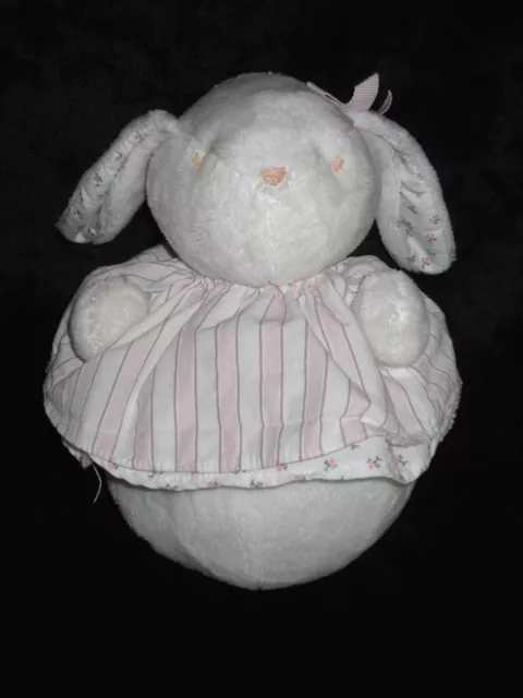 Doudou Peluche Culbuto grelot Lapin blanc et rose Jacadi Paris Fleurs 19 cm