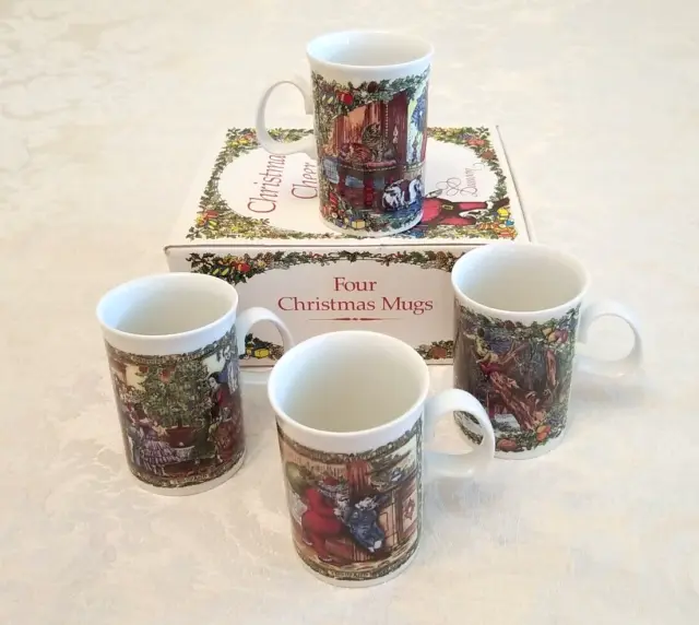 DUNOON Fine White Stoneware Four Christmas Mugs, Scotland from Victorian Prints