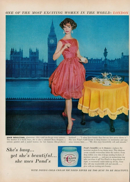 1959 Ponds Cold Cream Cosmetics Fashion Vintage Print Ad London Big Ben Europe