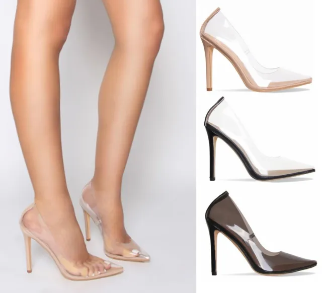 Ladies Womens Perspex Clear Court Shoes Stiletto High Heels Pumps Shoe Kim Size