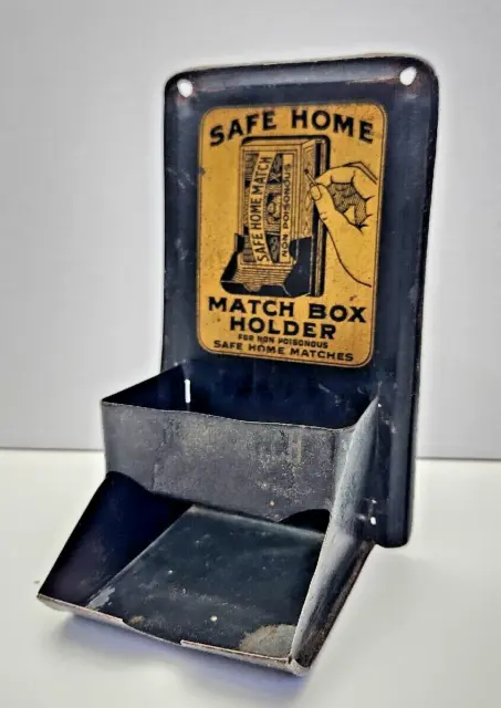 Vintage Safe Home Match Box Holder Tin Metal Wall Mount Advertising Antique