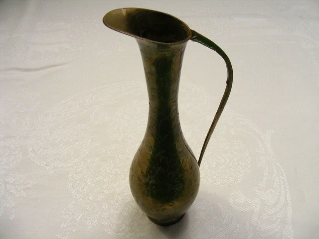 Vintage Brass Bud Vase Pitcher Etched Leaf Pattern Design Made in India 5-e