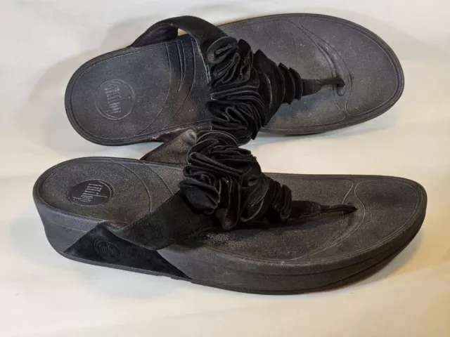 Fitflop Frou Ruffle Comfort Thong Sandals Womens Sz 11 Flip Flops Black Platform