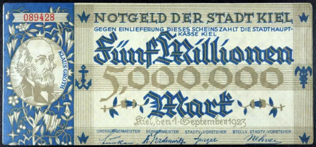 KIEL 1923 5 Million Mark Inflation Notgeld Banknote Germany