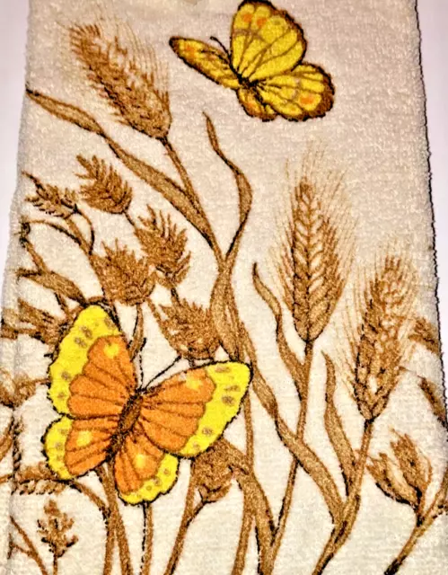 Vintage NOS 1970’s Cannon Butterflies and Wheat Terry Tea Towel Orange Brown Tan