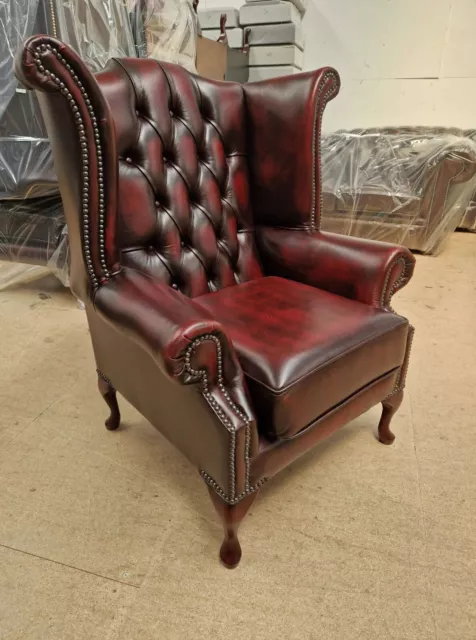 Chesterfield Queen Anne High Back Wing Chair Real Leather Antique Oxblood 2