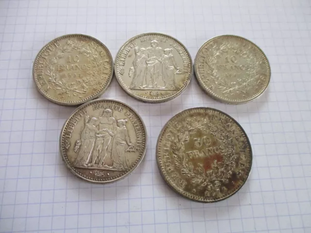 Lot de 5 pièces  :  4 de  " 10 francs HERCULE " +  1 de  " 50 francs en Argent -