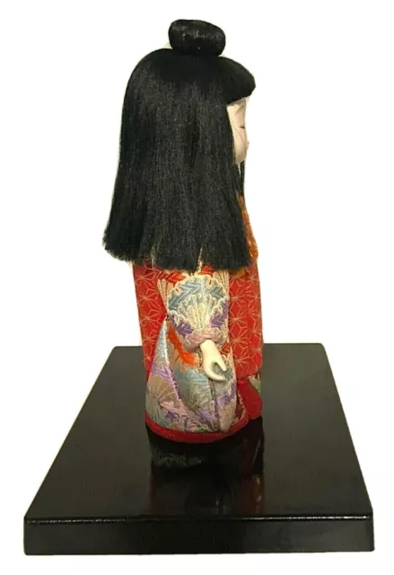 Kimekomi Doll Geisha Japanese Brocade Kimono Black Stand Handmade Vintage 8.25" 3