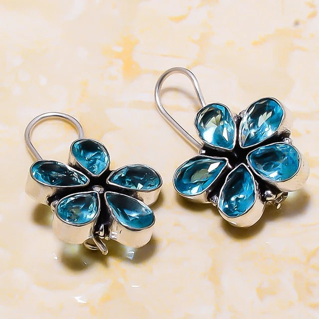 Swiss Blue Topaz Gemstone Handmade Gift Jewelry Earring 1.18" t690
