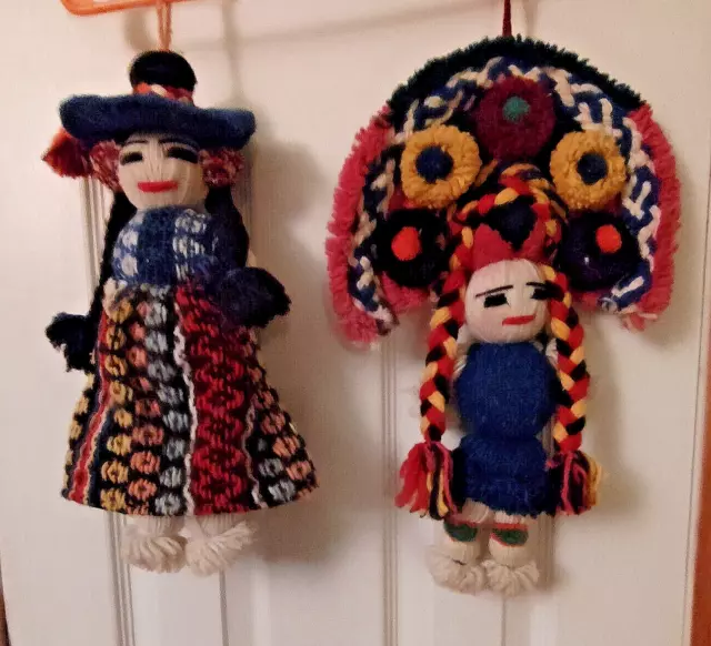Traditional Vintage Mexican Folk Art Yarn Dolls Wall Hanging Handmade Set Of 2