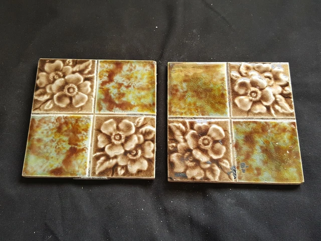 Pair of Reclaimed Antique 6" x 6" Floral Victorian Tiles Tiling Décor (BTS32)