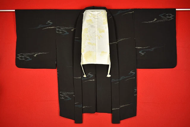 Vintage Japanese Kimono Silk Antique BORO Black HAORI Kusakizome Woven/B671/620