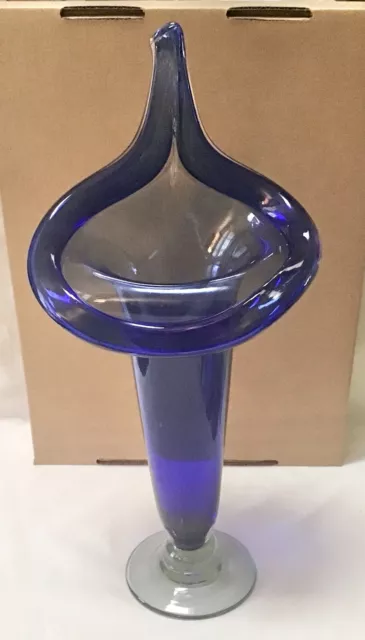 Blown Art Glass Jack in the Pulpit 16.5” Cobalt Blue Vase w Clear Pedestal Base.