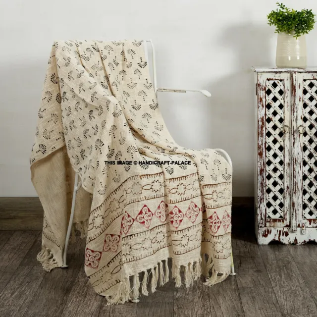 LARGE 100% Cotton Woven Sofa / Bed Throw Indian Hand Block Print Blanket Bedding