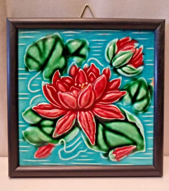 Tile Majolica Japan Vintage Ceramic Art Nouveau Floral Design Collectible #436