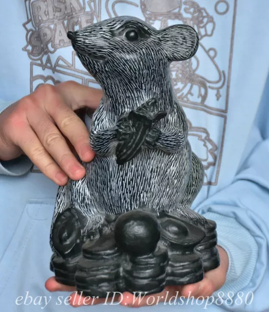 9.6" Chinese Natural Green Jade Carved Fengshui 12 Zodiac Year Rabbit Statue